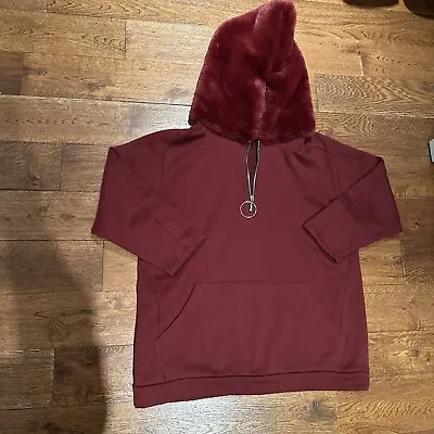 Zara Women’s Warm Hoodie Size M 10 Burgundy Fur Hood Oversized Vgc • £2