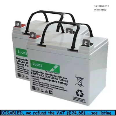 2 X LUCAS 12V 34AH AGM/GEL BATTERIES For INVACARE MIRAGE • £148.25