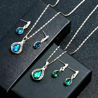 Rose Gold Necklace Earrings And Pendant Set Green Or Blue Crystal Rhinestone UK • £4.39