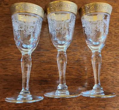 6 Gorgeous Etched Crystal Cordials-gold Encrust Rim-elegant Glass-moser Tiffin • $45