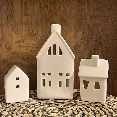 Set Of 3 Small Village Houses White Porcelain LED Battery Operated Holiday Decor • $35.99