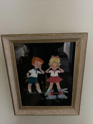 Vintage Reverse Foil Painting Boy & Girl W Bunnies Mid-century Creepy • $75