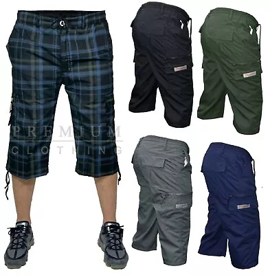 New Mens 3/4 Long Length Shorts Elasticated Waist Cargo Combat Three Quarter 01m • £13.99