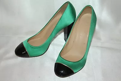 J. CREW Green Satin Black Patent Cap Round Toe Classic Pumps Heels Sz 6.5 ITALY • $29.56