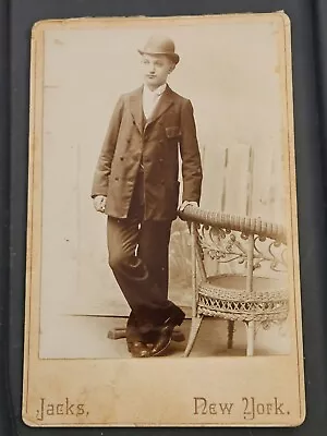 Antique Cabinet Card Photo  Young Man In Bowler Hat Jack's New York Nice Back • £14.48