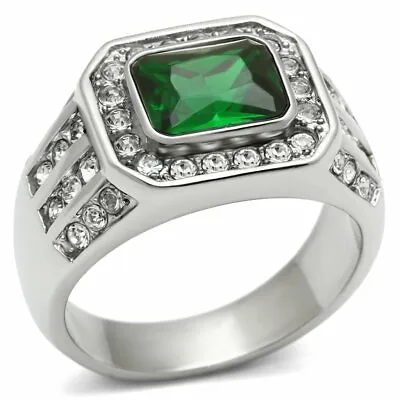 Mens Green Ring Emerald Signet Pinky Stainless Steel Cuubic Zirconia 495 • £20.95