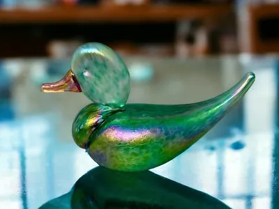 Green Iridescent Glass Duck Paperweight Mt. St. Helen’s Ash Vines Studio • $34