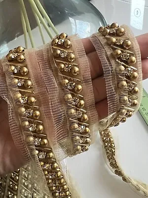 £3.30 • Buy 1 Yard Gold Pearl Beaded Lace Trim Chain Bridal Wedding Ribbon Belt, Lace