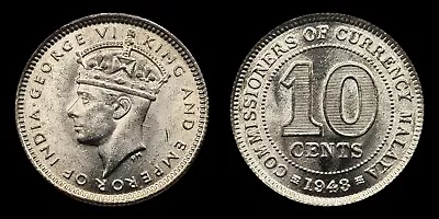 1943 Malaya 10 Cents .500 Silver Crowned Bust Of King George VI Facing Left • $15