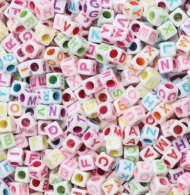 3 For 2 100 X 6mm WHITE COLOUR ACRYLIC CUBE ALPHABET LETTER PONY BEADS MIXED AZ • £2.89