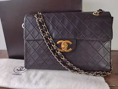 CHANEL Vintage Maxi Jumbo Classic Flap Bag XL GHW Black Lambskin Quilted Leather • £4495