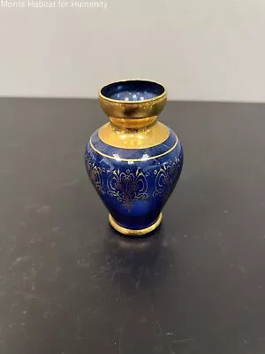 Vintage 5” Vecchia Murano Glass Vase W/ 24K Gold Trim Cobalt Blue Collectible • $4.99