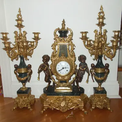 Vintage Imperial Brevettato Mantle Clock & Candlelabra Garniture 3-pc. Set • $1350