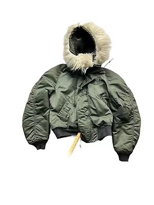 Vintage 80s Military Alpha Industries N-2B Parka L Green Jacket Fur Zip Hood • $100