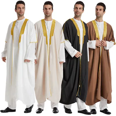 Men Bisht Cloak Arab Thobe Islamic Solid Short Sleeve Long Robe Kaftan Eid Abaya • $29.88