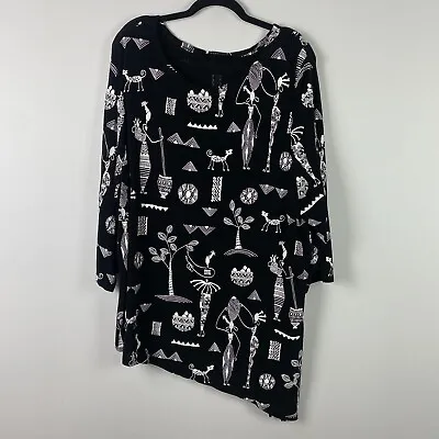 Vikki Vi Slinky Knit Top Tunic Size 3X Black Print 3/4 Sleeves Shoulder Pads • $29.95