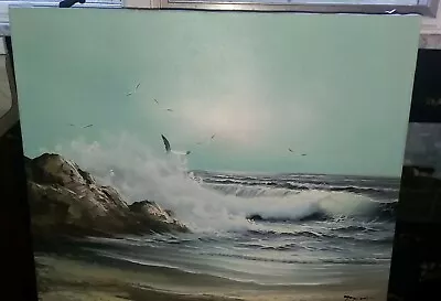 Mid Cent. Oil Painting On Canvas-Signed Maycom - Rocks Crashing Waves Seagulls • $99
