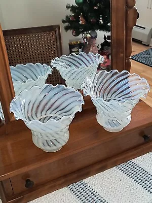 ANTIQUE Pair FENTON Opalescent Swirled Ruffled Glass LAMPSHADES Fluted • $132