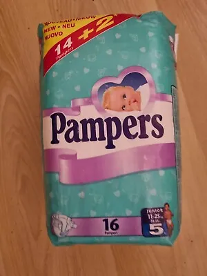 16 Pampers Baby Dry 5 Junior  Old Diapers Vintage Full Package Sealed Plastic • $225