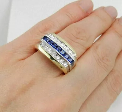 2Ct Lab Created Diamond & Blue Sapphire Mens Wedding Ring 14k Yellow Gold Plated • $122.14