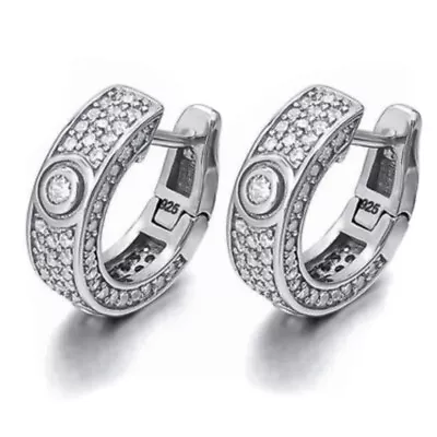 Small Fully Iced Cz Men White Gold Plated Sterling Silver Elegant Hoop Earrings • $16.99