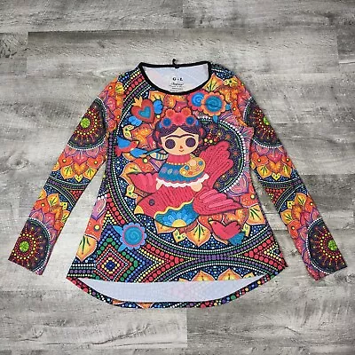 Ay Guey Top Women's Large Multicolored Frida Kahlo Festive  Mexican Cultural Art • $24.99