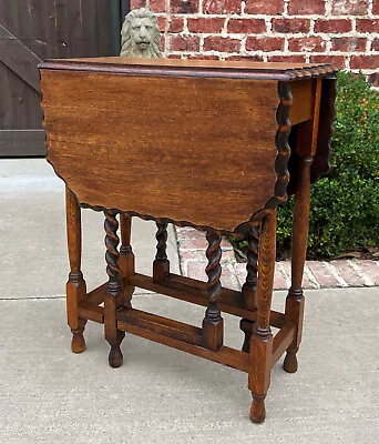 Antique English Table Drop Leaf Gateleg Pie Crust Edge Oak Barley Twist Table • $1275