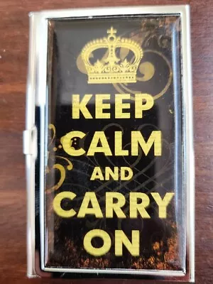 Business Card Holder Chrome Metal  Keep Calm And Carry On  Pocket • $6.50