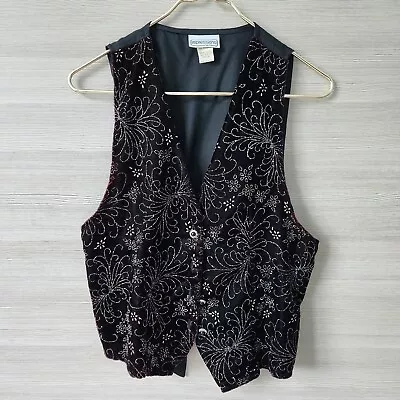 Impressions Of California Vintage Purple Black Velvet Paisley Bling Vest Size S • $37.89