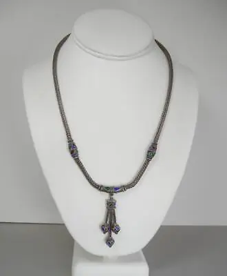 Vtg Berber Moroccan 20  Necklace Sterling Silver Enamel Tassels Foxtail Chain • $67