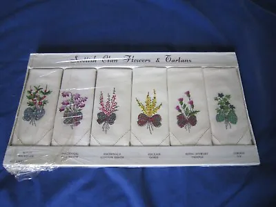 £24.57 • Buy 6 Scottish Clan Flowers & Tartens Embroidered Linen TEA NAPKINS  By SUNDEW  NIP