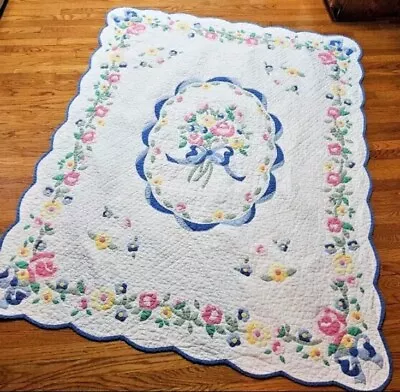 Vintage Tagged ARCH QUILTS NY Floral & Bows Appliqued Quilt-76  X 60  • $110