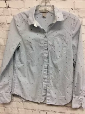 H&M Womens Button Front Shirt Blue Red Stripe Dot Long Sleeve Pocket Stretch 0 • $15.51