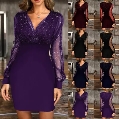 Womens Sexy Mesh V-Neck Bodycon Mini Dress Ladies Evening Cocktail Ball Gown AU • $23.89