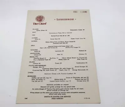 $18.50 • Buy Santa Fe The Chief Dining Car Service Luncheon Menu Single Sheet 1946