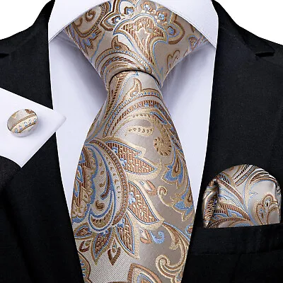 Beige Silk Tie Set Paisley Mens Necktie Pocket Square Cufflinks Wedding Party • £9.99