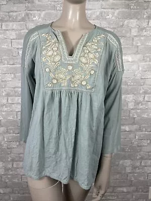 J Jill XS Green Embroidered Floral 3/4 Sleeve V-neck Boho Blouse • $14.99