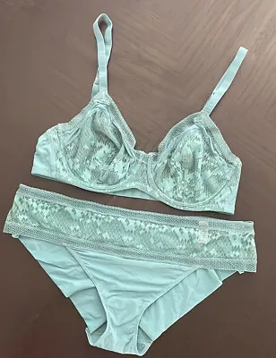 La Perla Aqua Green Semi Sheer Bra Panty Set 36C XL • $79.99