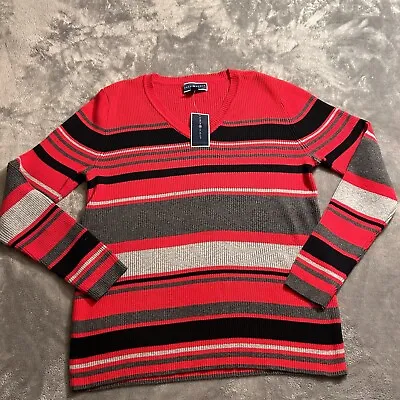 Karen Scott Women's Size M Blair Cotton Striped Rib 2X2 V-Neck Sweater RedNwT • $14.99