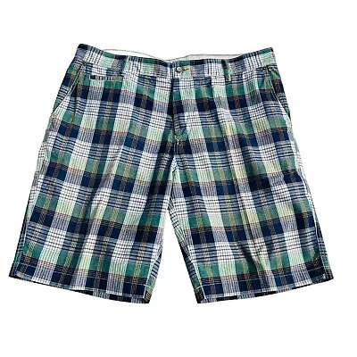 Tommy Bahama Jeans Blue Green Madras Cotton Shorts Mens 38 Pockets Belted Beach • $15.18