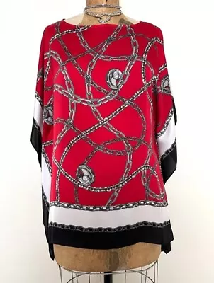 MICHAEL KORS Red Handkerchief MK Chain Print Top Blouse Tunic Kimono Sleeve S/M • $24.95