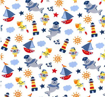 Cotton Fabric - Childrens Nautical Boats On Ivory - Craft Fabric Material Metre • £5.99