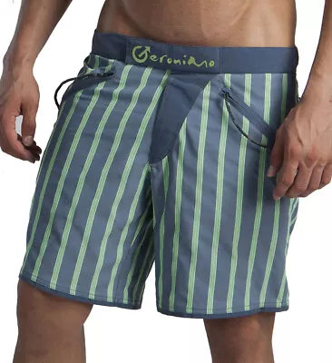 Geronimo Mens Board Shorts Striped Grey Green Stripes Summer S • £8.95