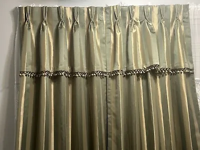 Gorgeous 2 TAFFETA STRIPE PLEATED DRAPES Lined Sage Green & Gold 97” EUC • £62.73