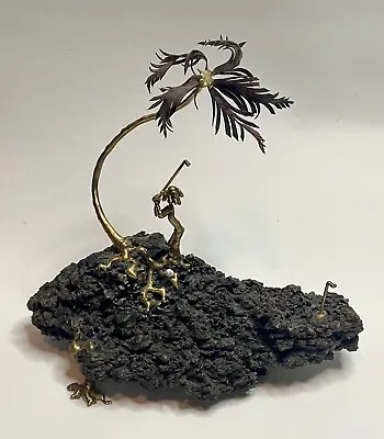 Vintage Golf Art Metal Tree Sculpture Statue Lady Black Lava Volcano Rock OOAK • $110