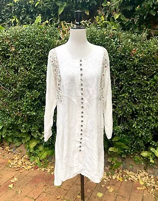 Vintage 1980's Indian White Embroidered Dress - Size Medium Boho Retro Floaty • $65