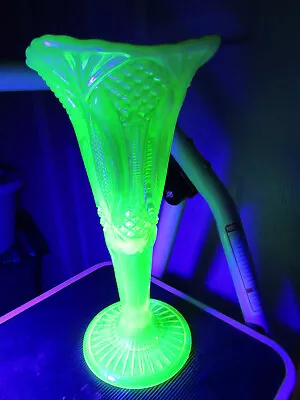 Vintage Mosser Diamond Classic  Vaseline Uranium Glass Yellow Tall Vase 9 3/4  • $65