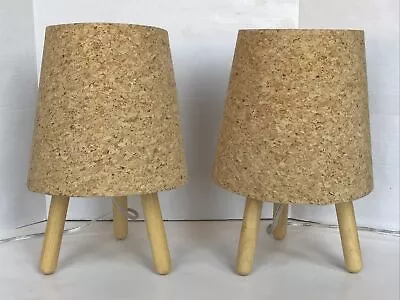 Pair Of Mid Century Modern MCM Style 14.5” Lamps Wooden 3 Leg Tripod Cork Shade • $42