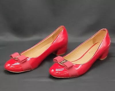 SALVATORE FERRAGAMO Red Patent Leather Vara Bow Pump 3cm Heel Size 37 • $140