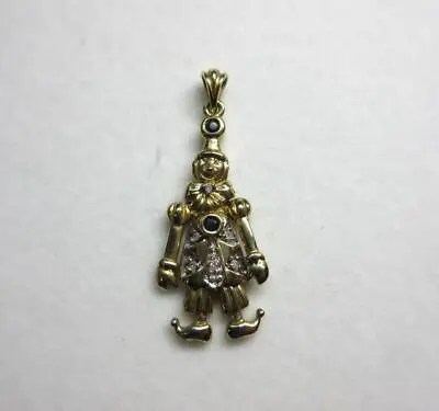 Vintage SOLID 9ct GOLD SAPPHIRE & DIAMOND Articulated CLOWN PENDANT • £175